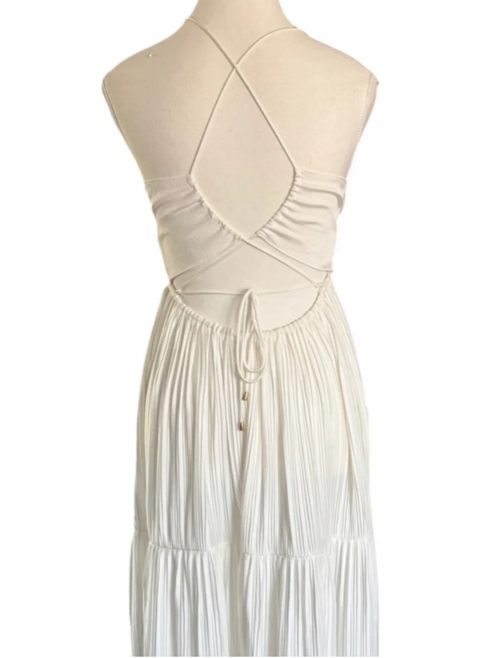 ba&sh Wasta Tiered Pleated Maxi Dress White Bridal Open Back Gold Ring NWOT Sm - Picture 6 of 8